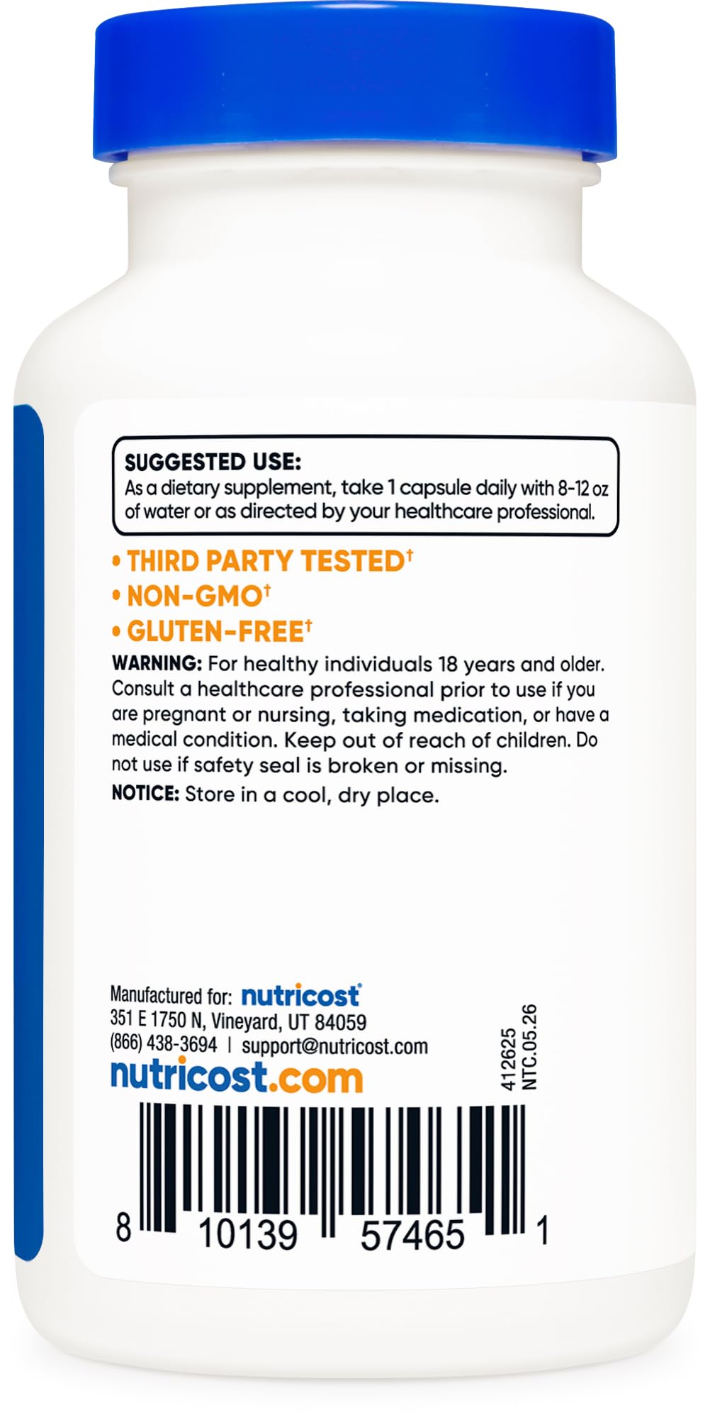 Nutricost etiqueta nutricional ampliada con información de 500 mg por servicio