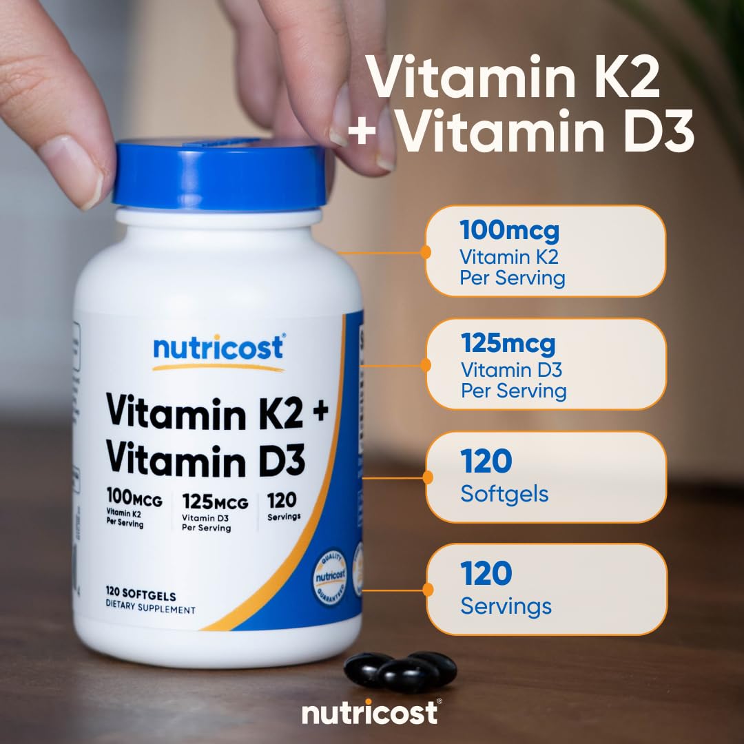 Nutricost etiqueta con información de D3 5000 IU y K2 MK-7 100 mcg