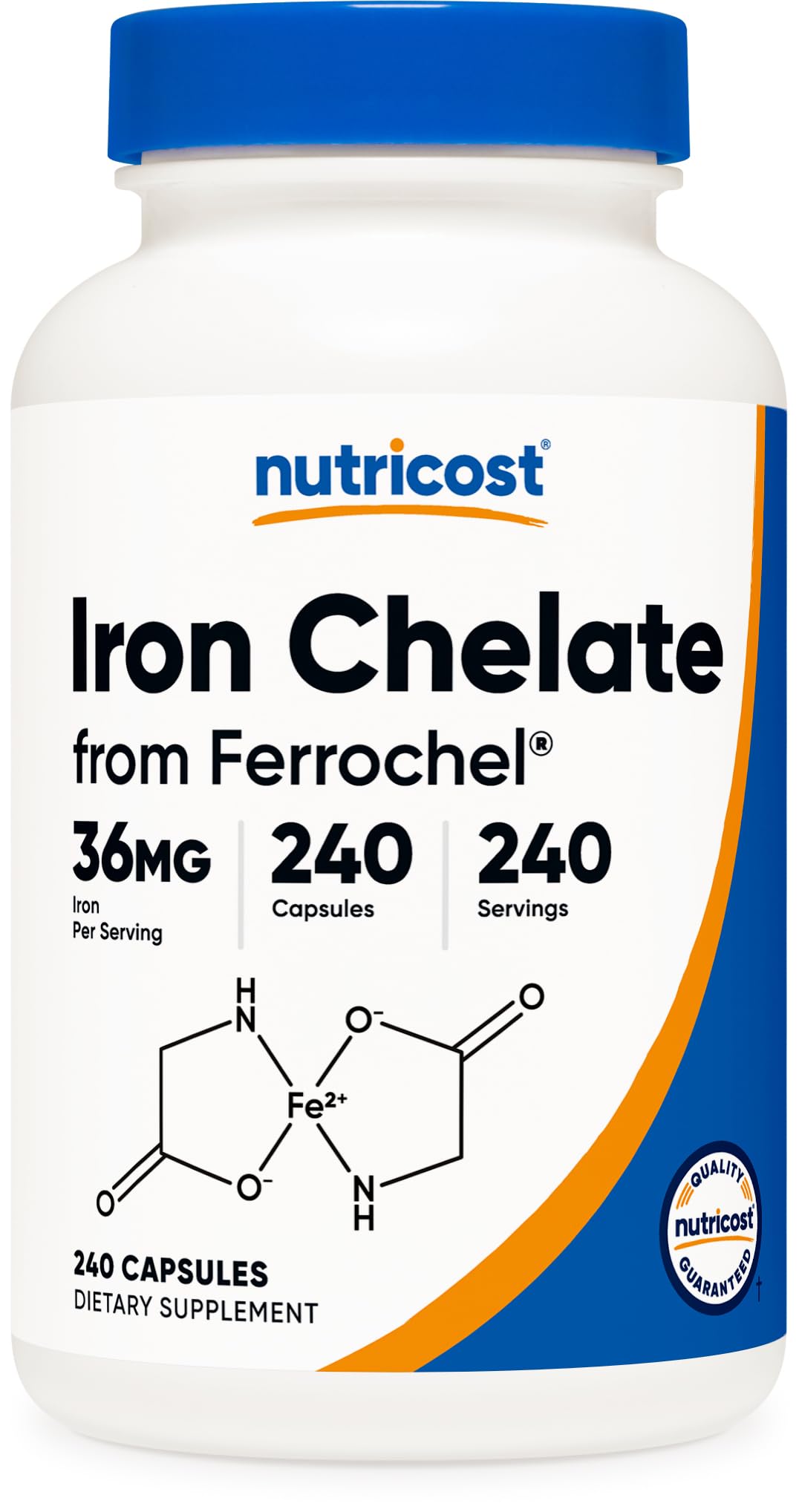 Nutricost Ferrochel frasco frontal mostrando etiqueta y beneficio tolerancia digestiva