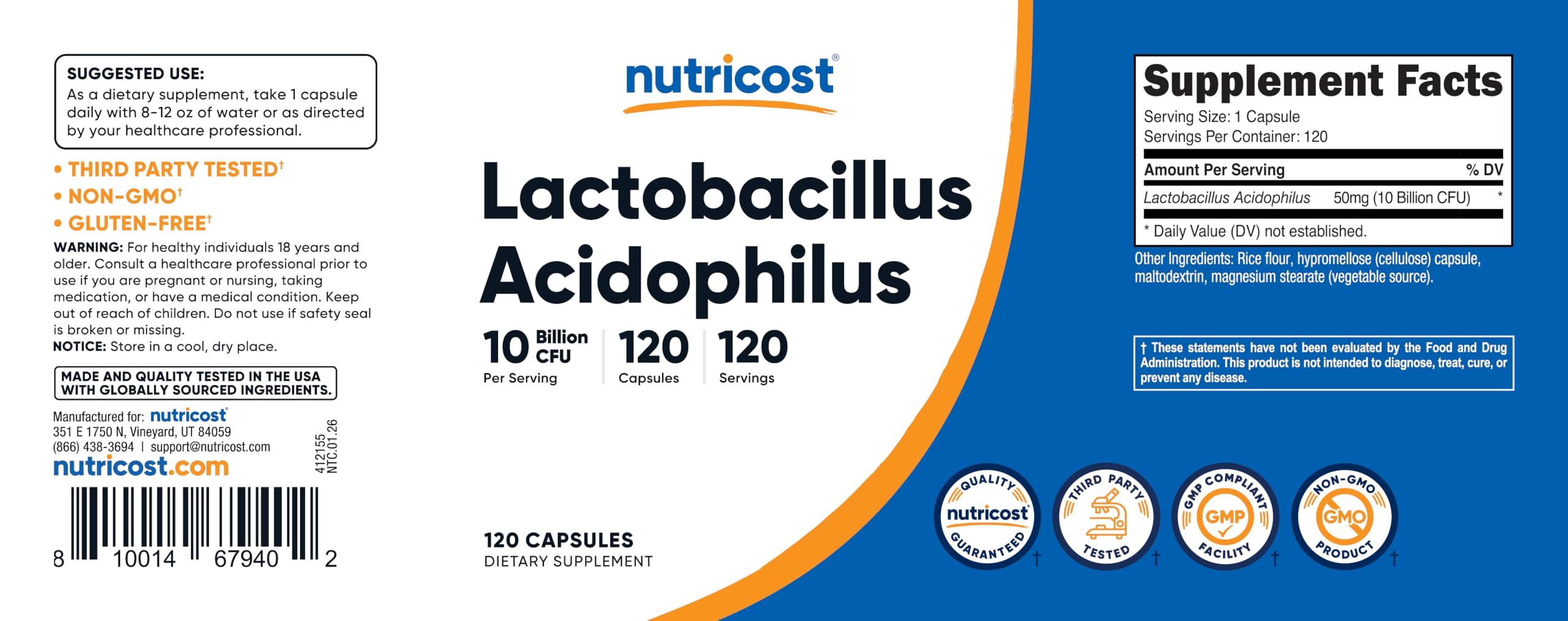Nutricost frasco abierto con cápsulas esparcidas para visualizar cantidad por envase