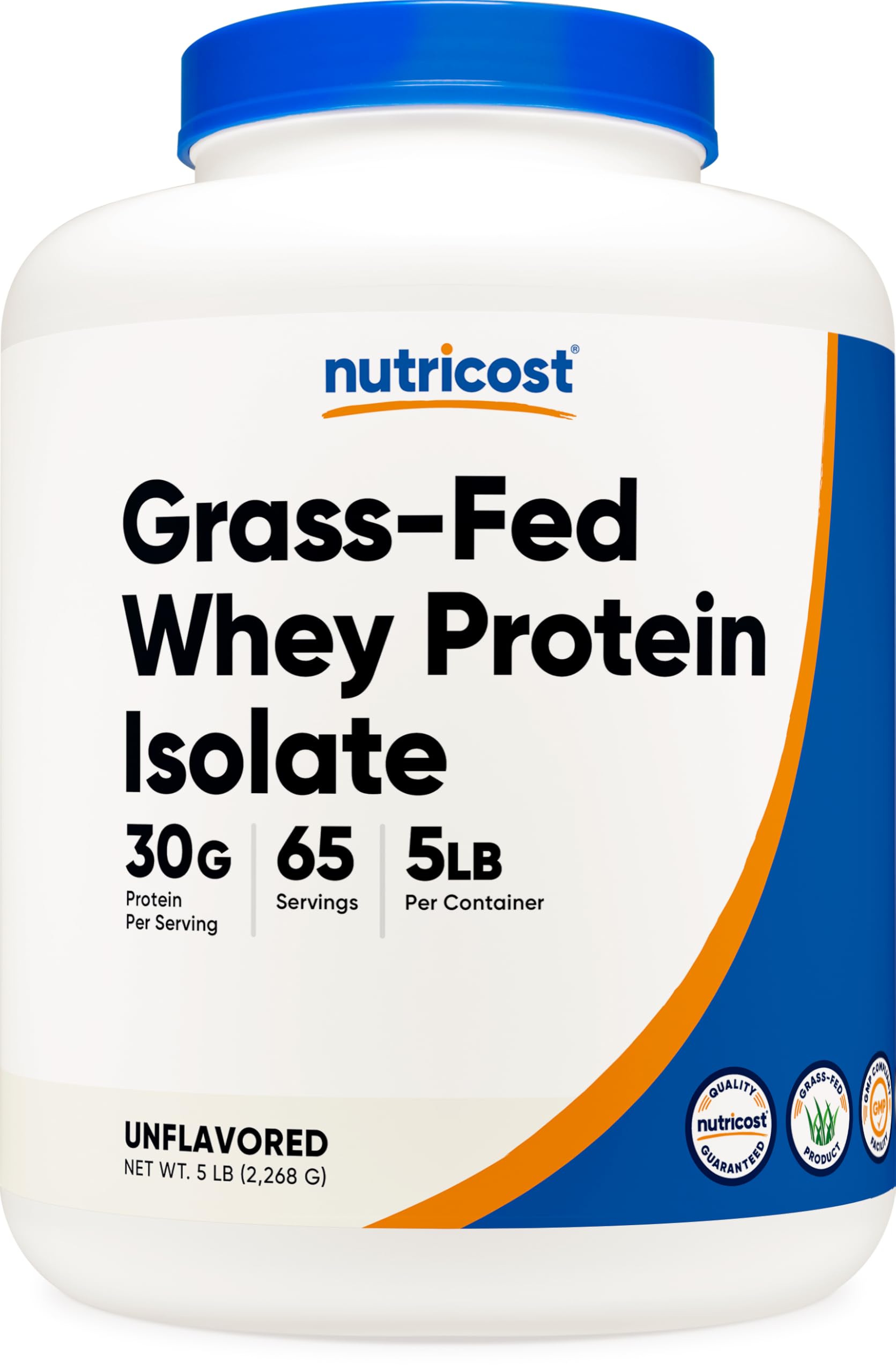 Nutricost frasco frontal 5LBS mostrando tamaño y empaque, beneficio: ahorro por porción