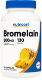 Nutricost frasco delantero de Bromelain mostrando etiqueta y beneficios