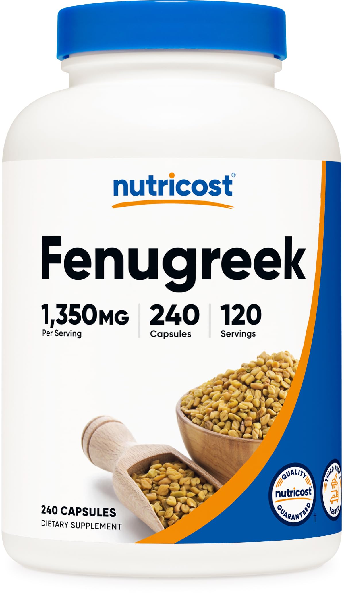 Nutricost frasco delantero con cápsulas de fenogreco, presentación clara y protección