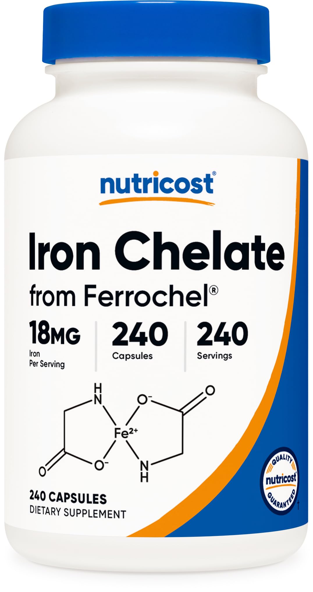 Nutricost frasco frontal de Chelated Iron muestra cantidad y presentación