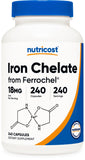 Nutricost frasco frontal de Chelated Iron muestra cantidad y presentación