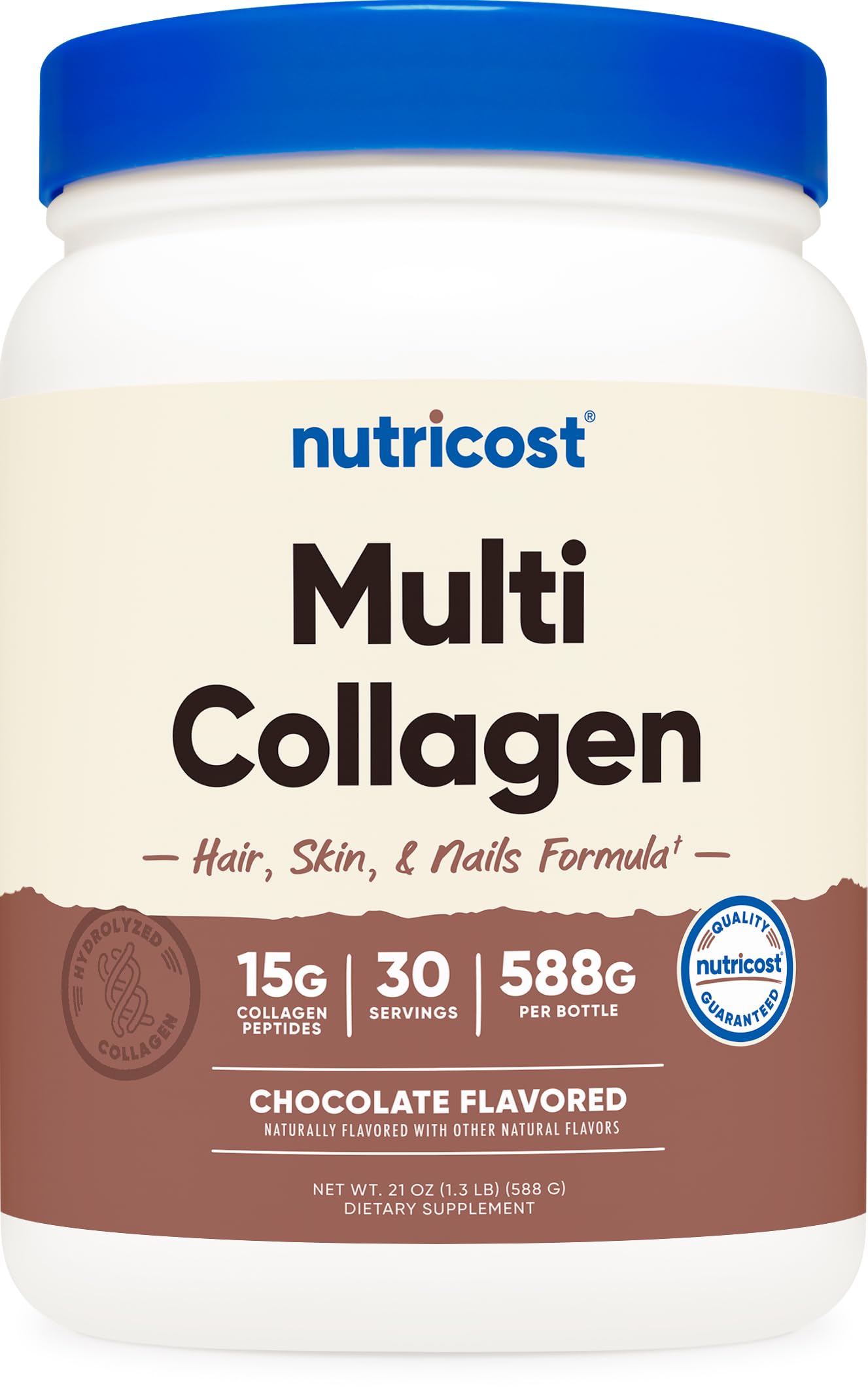 Nutricost frasco frontal chocolate con leche mostrando etiqueta clara y beneficios