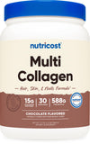 Nutricost frasco frontal chocolate con leche mostrando etiqueta clara y beneficios