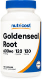 Nutricost frasco frontal Goldenseal mostrando etiqueta y beneficio de pureza