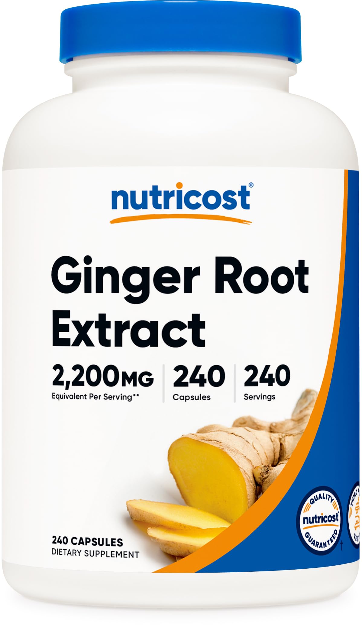 Nutricost frasco frontal mostrando 240 cápsulas y beneficios claros