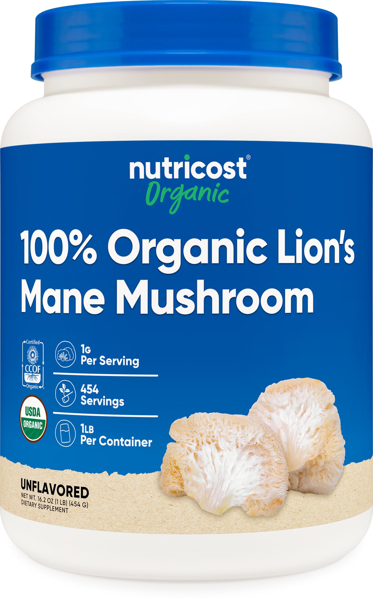 Nutricost frasco frontal de Lion's Mane orgánico mostrando beneficios de pureza