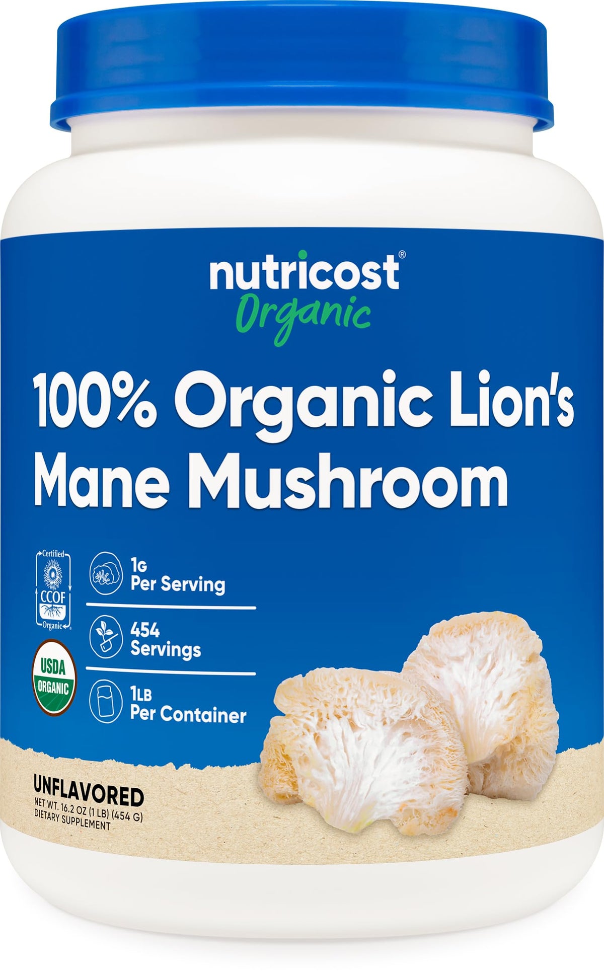 Nutricost frasco frontal de Lion's Mane orgánico mostrando beneficios de pureza