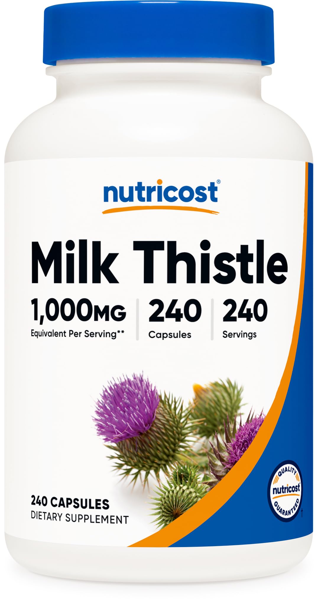 Nutricost frasco frontal de Milk Thistle muestra presentación clara y beneficios