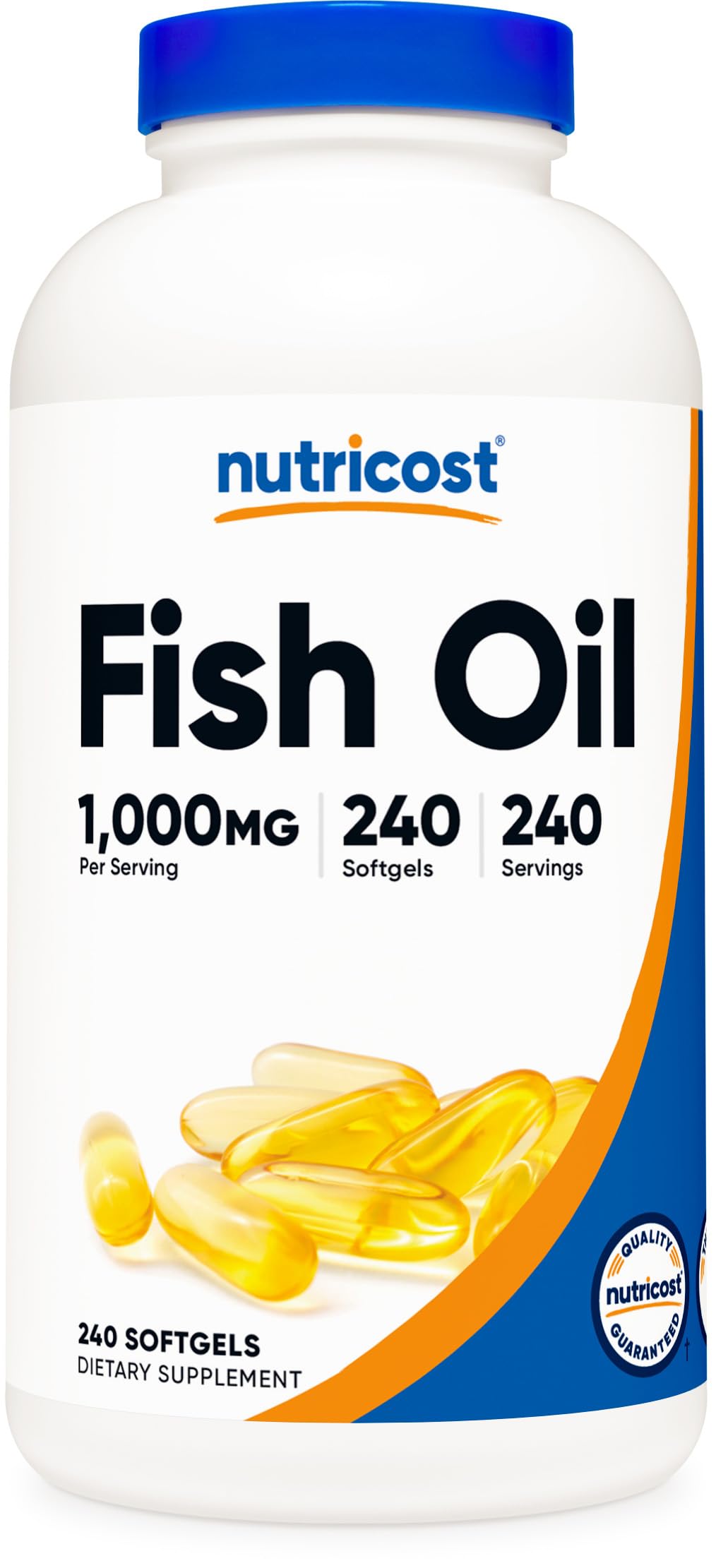Nutricost frasco frontal de Fish Oil Omega 3 mostrando etiqueta clara y beneficios