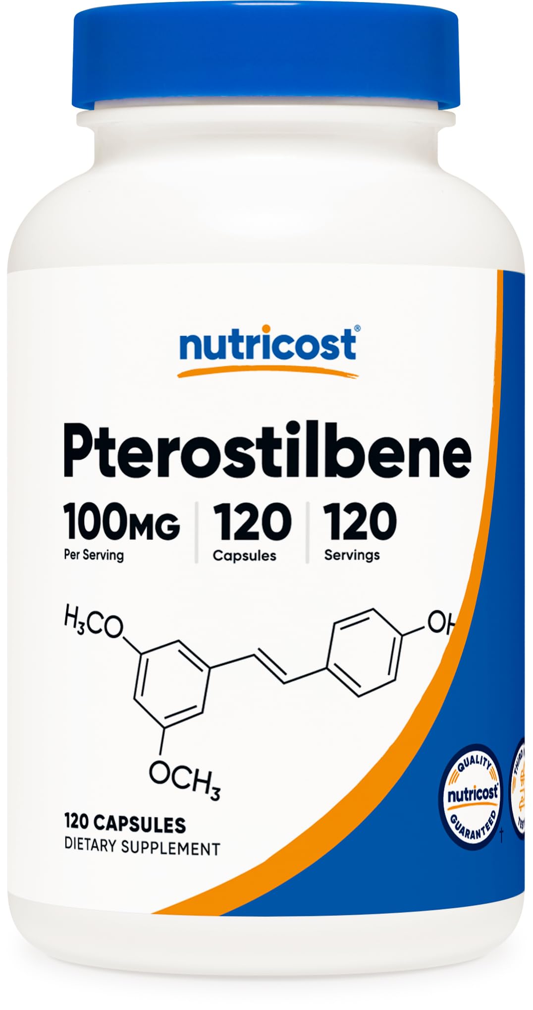Nutricost frasco frontal de pterostilbene mostrando etiqueta clara y beneficios