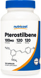 Nutricost frasco frontal de pterostilbene mostrando etiqueta clara y beneficios