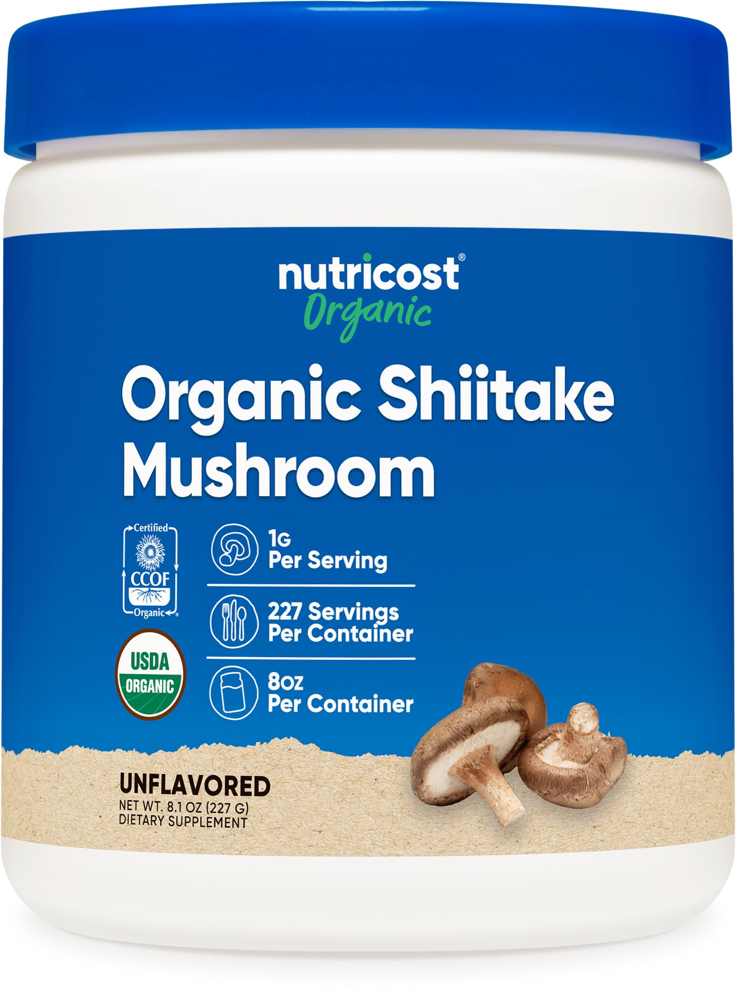 Nutricost frasco frontal de shiitake orgánico mostrando etiqueta y beneficio