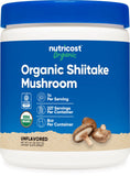 Nutricost frasco frontal de shiitake orgánico mostrando etiqueta y beneficio