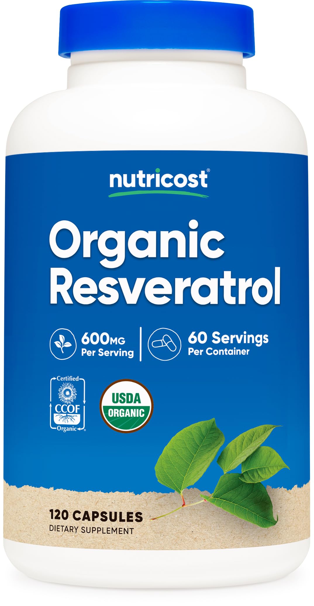 Nutricost frasco frontal mostrando 120 cápsulas y beneficio de 60 servicios