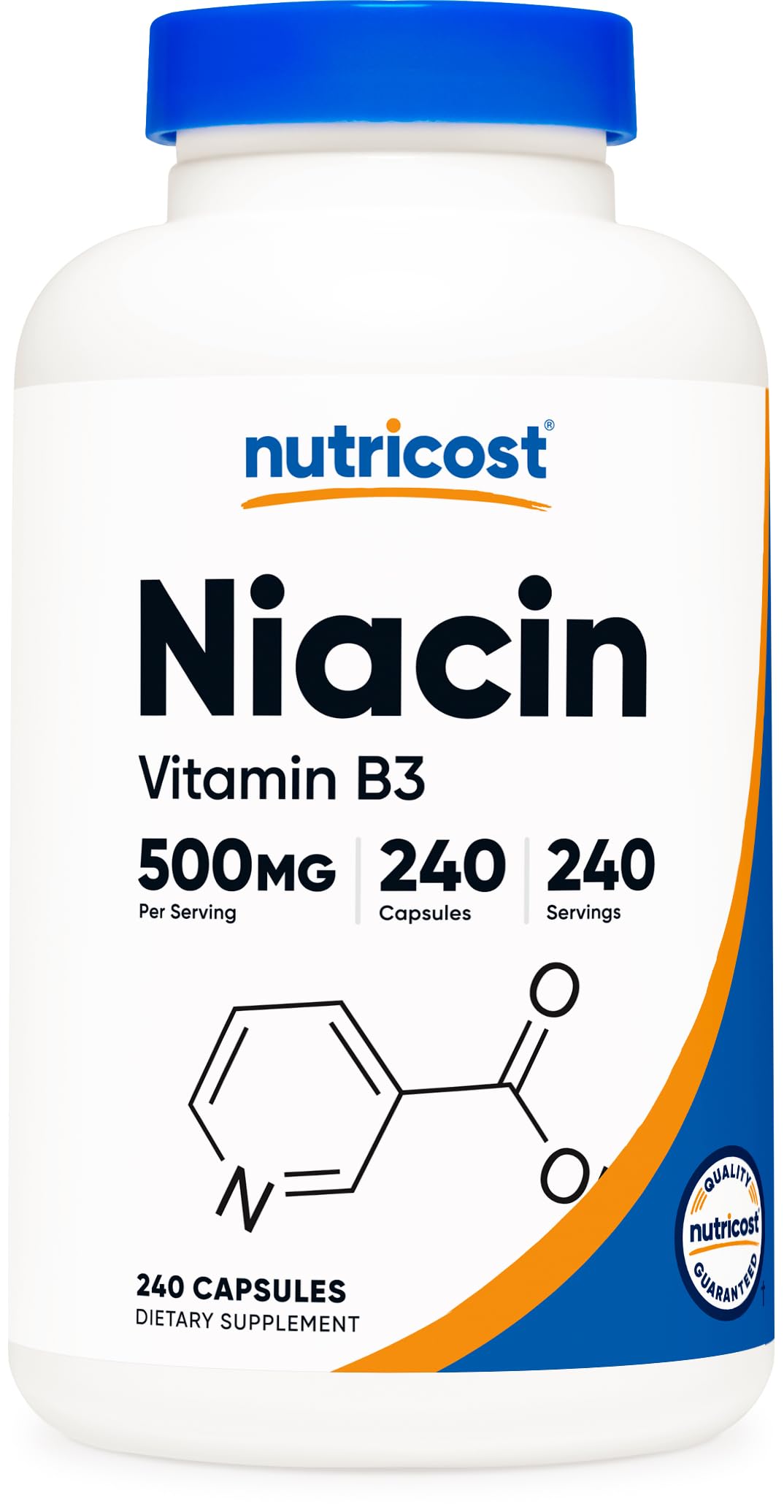 Nutricost botella frontal mostrando 240 cápsulas y ventajas de suministro prolongado