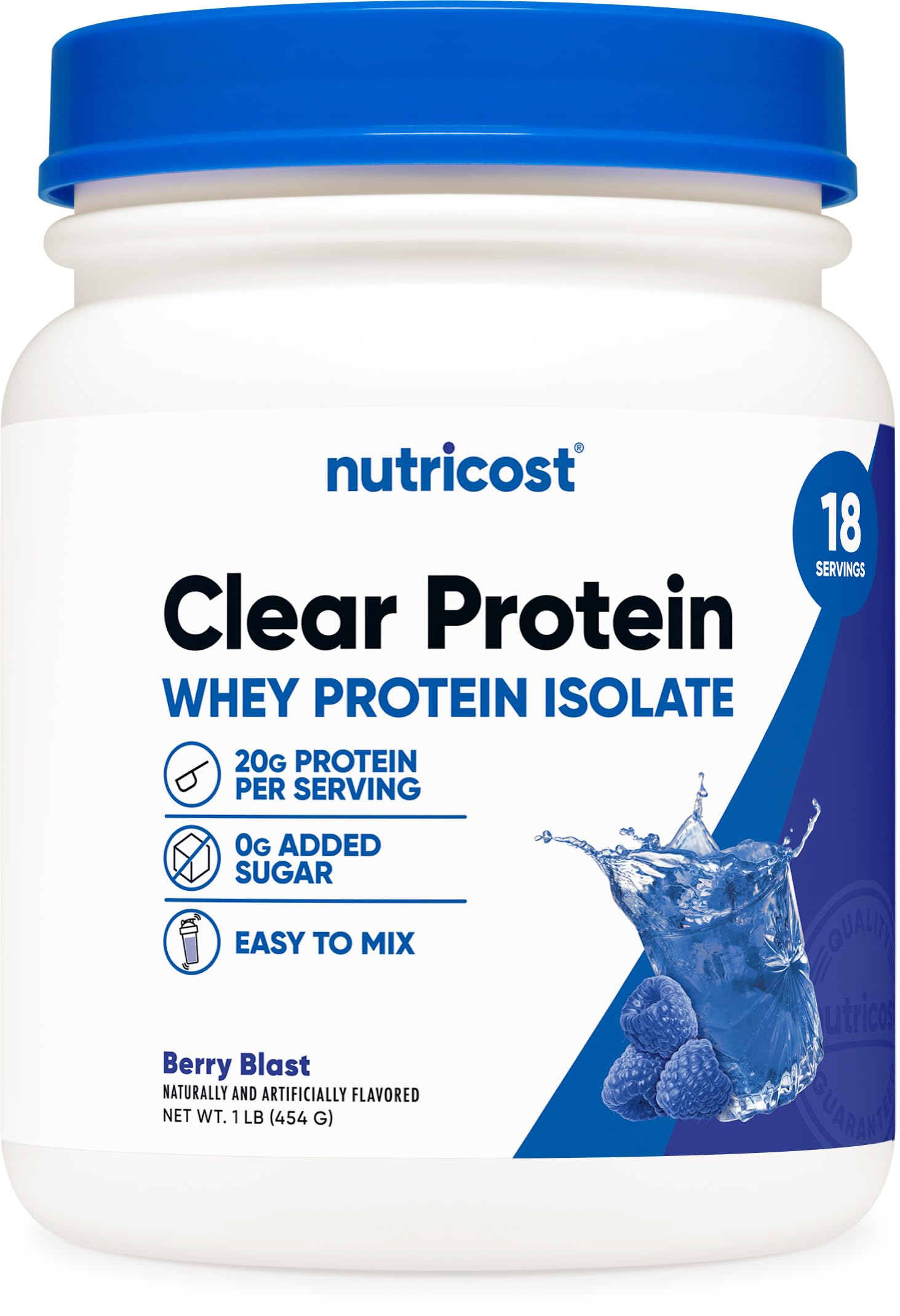 Nutricost empaque frontal Berry Blast mostrando información de proteína