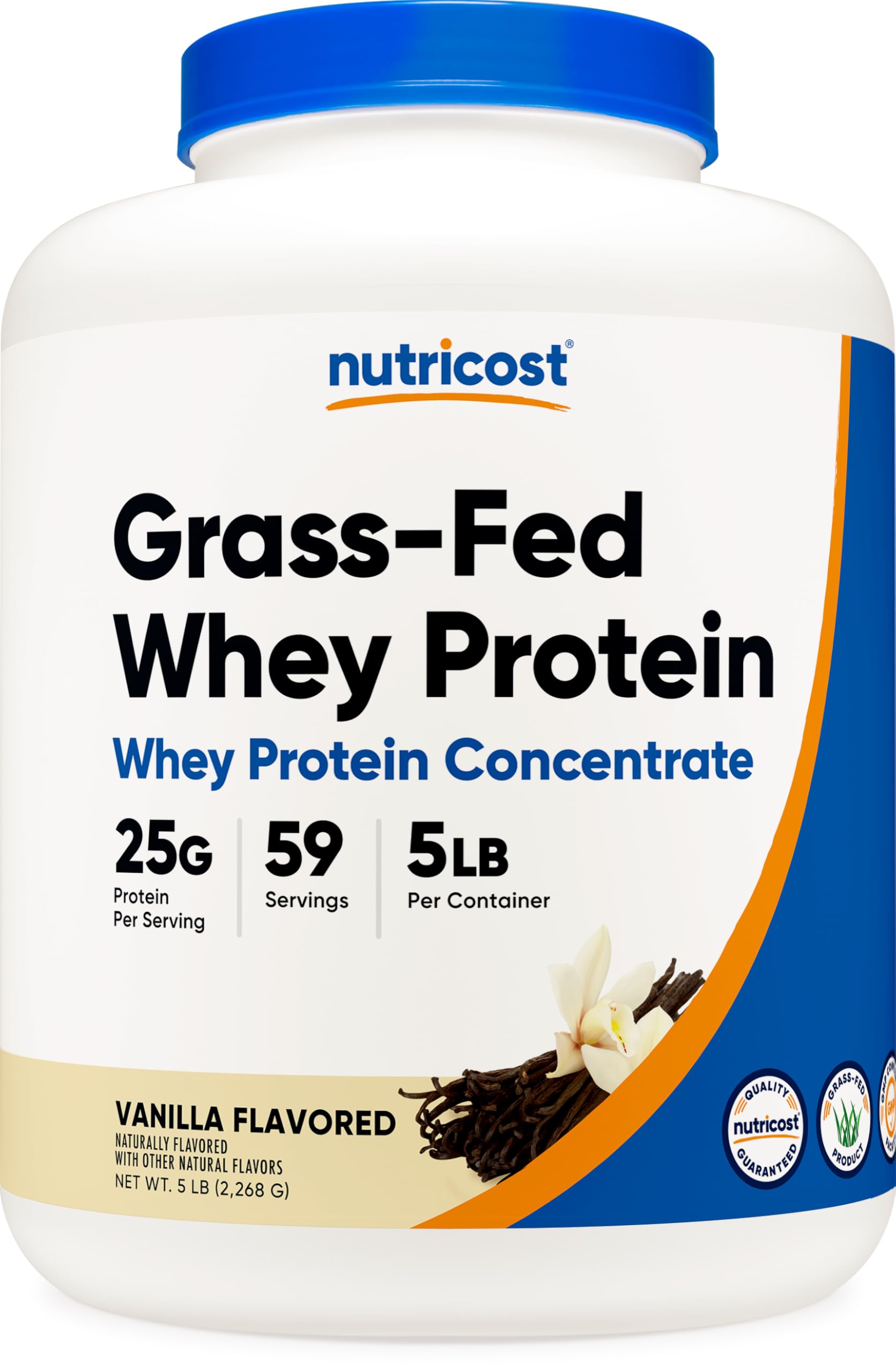 Nutricost envase frontal vainilla mostrando tamaño 5 lb y ventaja de suministro prolongado