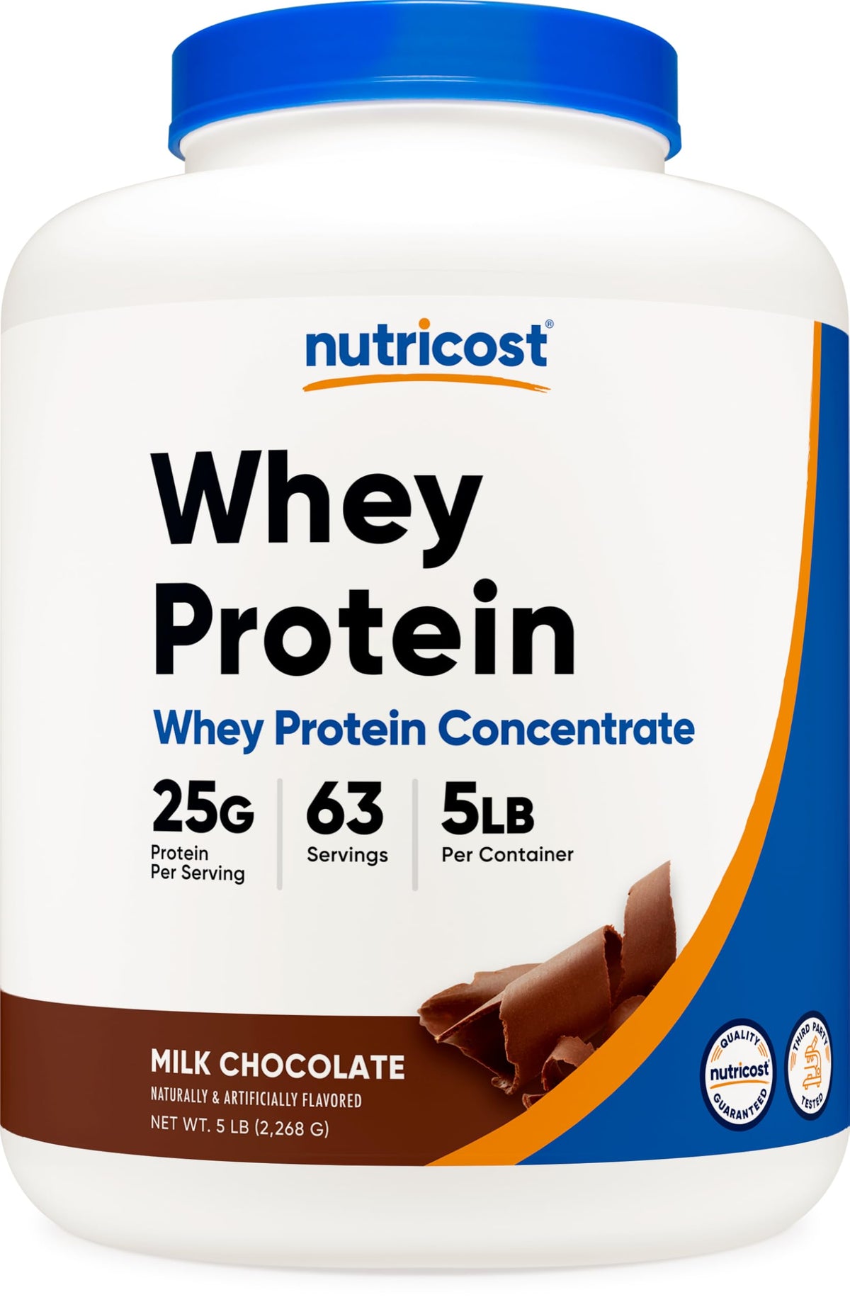 Nutricost frente del envase chocolate, presentación 5lbs y conveniencia