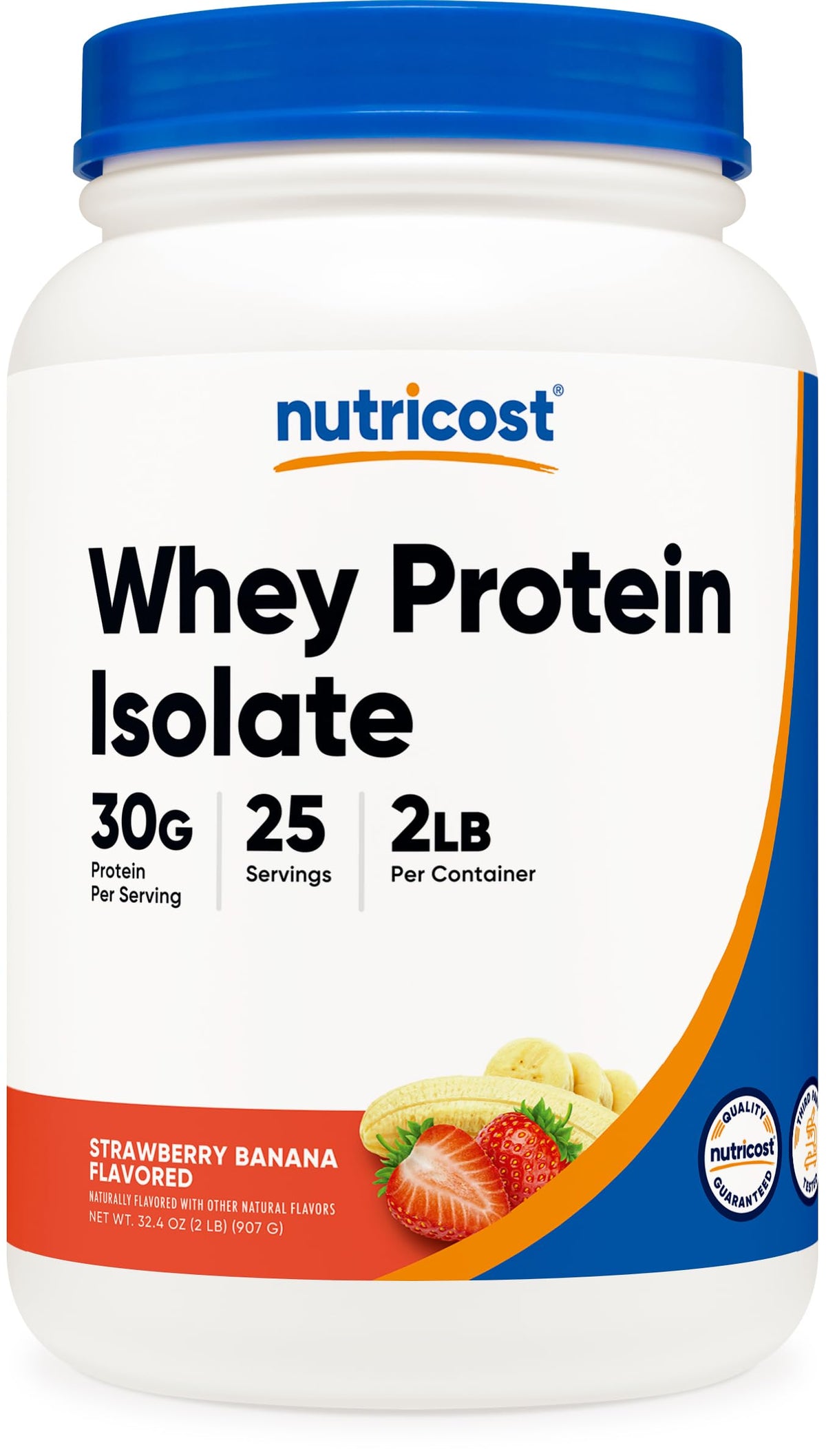 Nutricost envase frontal fresa plátano mostrando diseño y ventaja de 30 g proteína