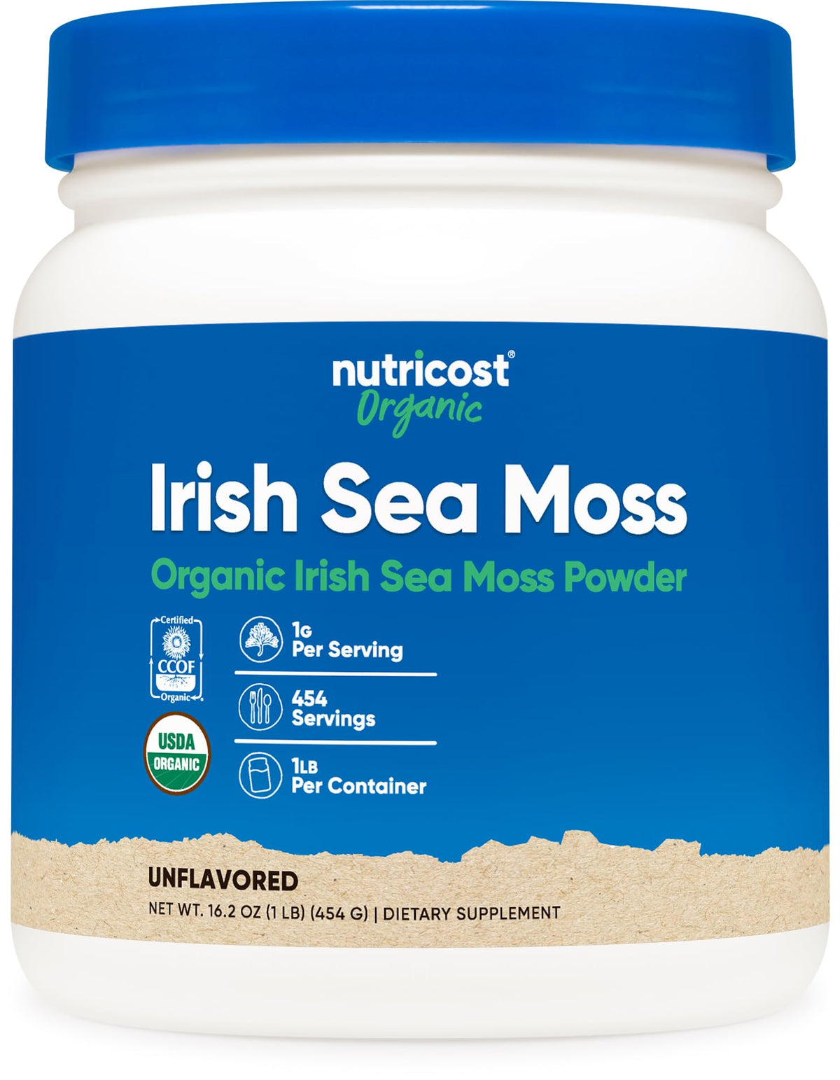 Nutricost envase frontal Irish Moss orgánico, claridad de certificación y confianza