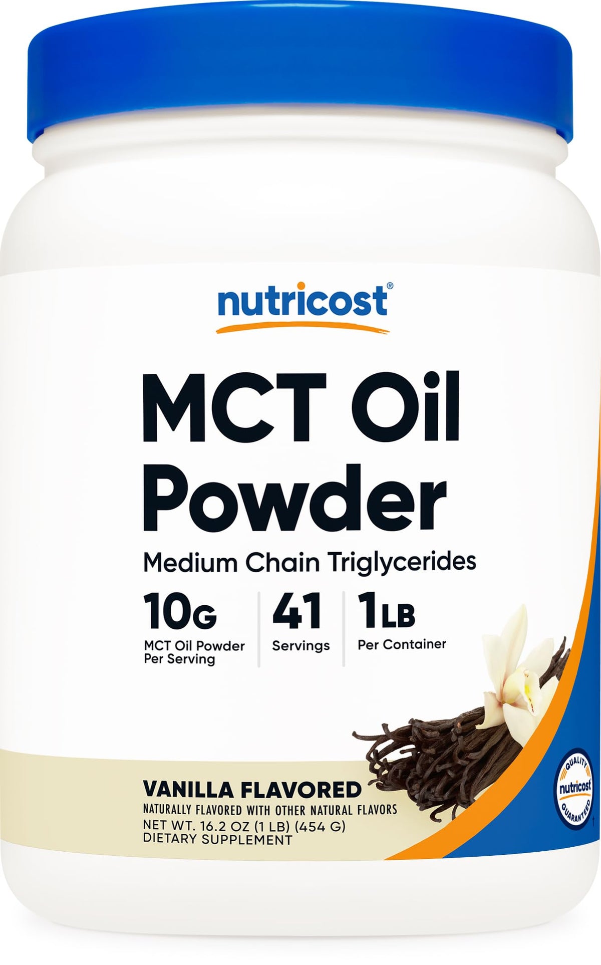 Nutricost envase frontal de MCT vainilla mostrando etiquetado claro y beneficios