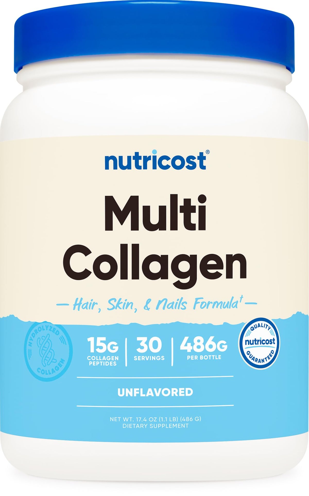 Nutricost frente del envase mostrando diseño y porciones, confianza en calidad