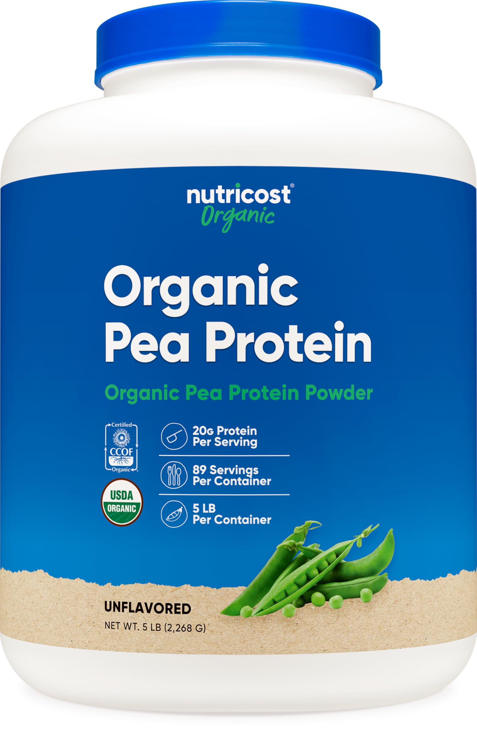 Nutricost envase frontal de proteína de guisante orgánica mostrando tamaño y marca como opción vegana