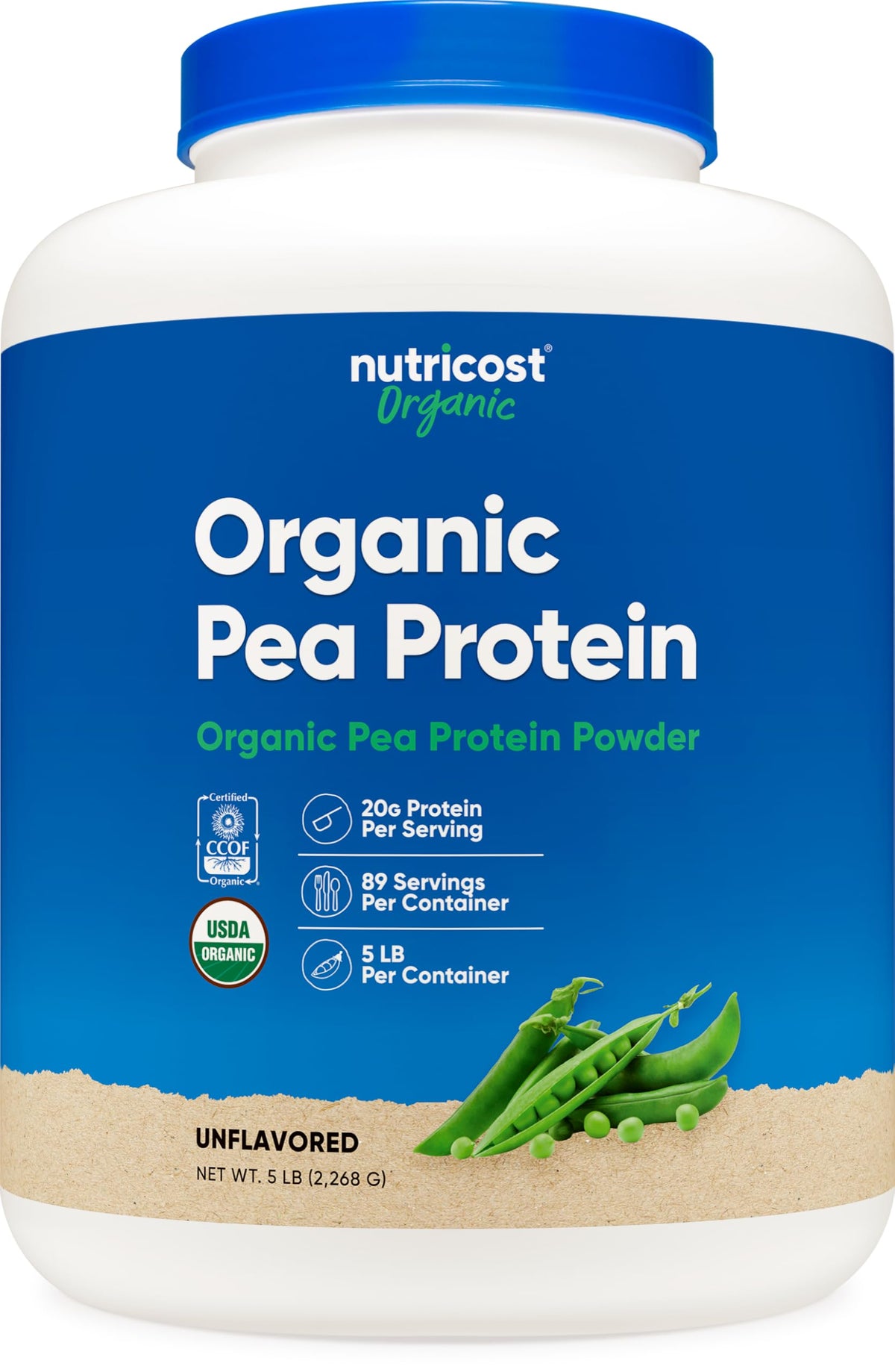 Nutricost envase frontal de proteína de guisante orgánica mostrando tamaño y marca como opción vegana