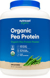 Nutricost envase frontal de proteína de guisante orgánica mostrando tamaño y marca como opción vegana