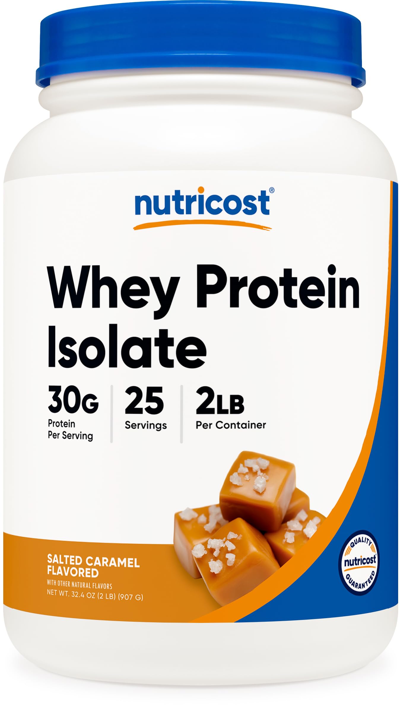 Nutricost envase frontal Salted Caramel mostrando etiqueta y beneficios