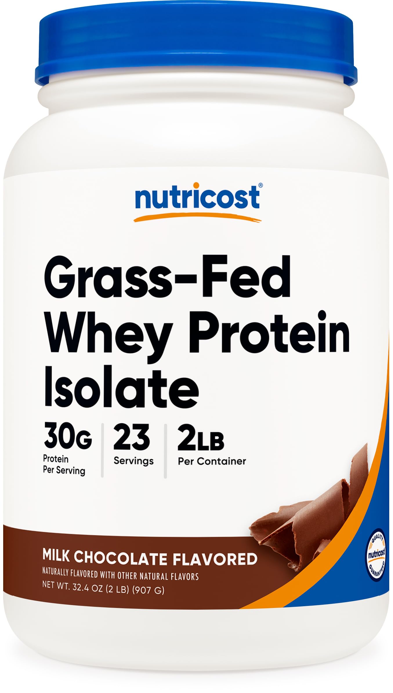 Nutricost envase frontal Whey Chocolate mostrando etiqueta y beneficio de pureza