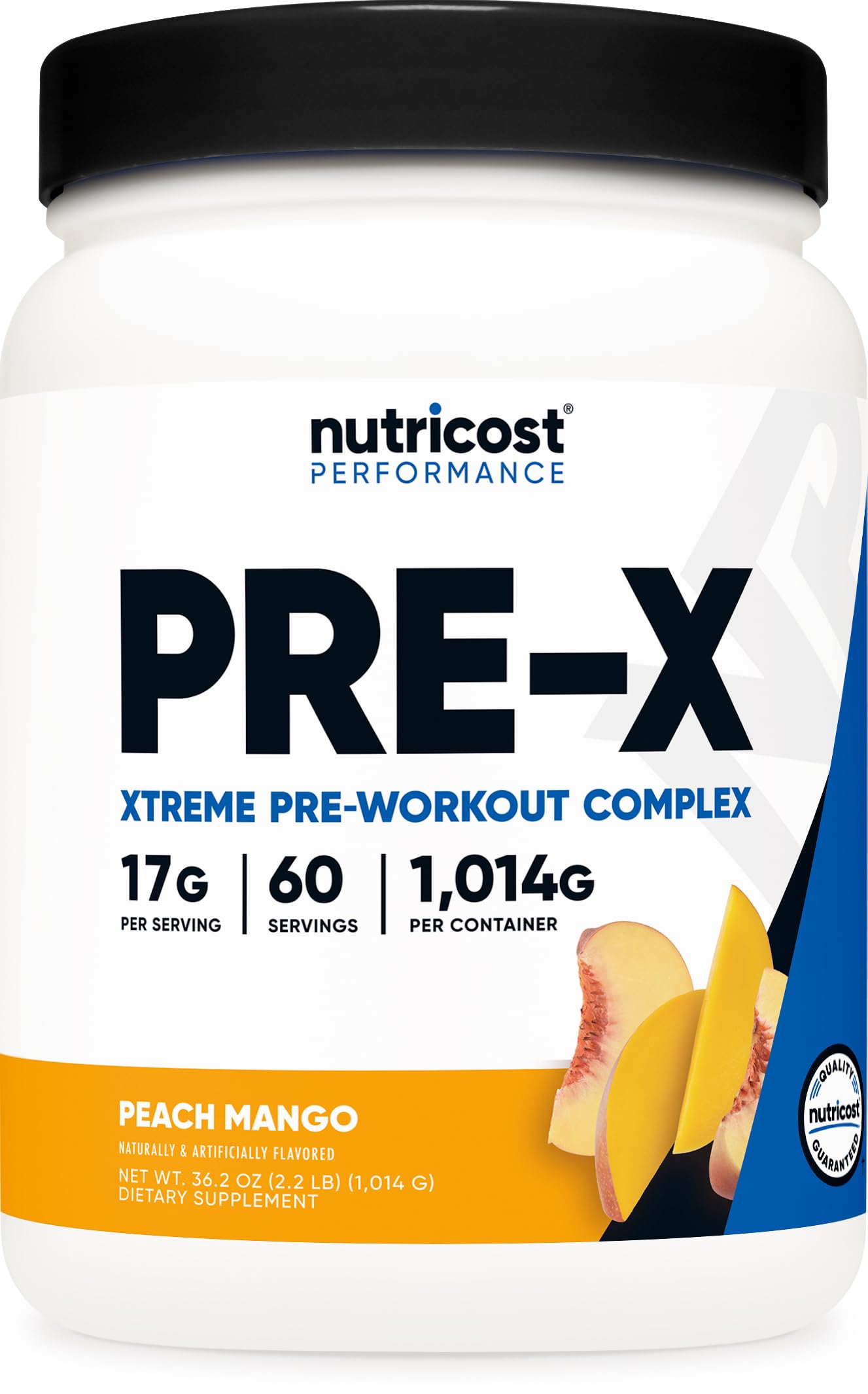 Nutricost frente del envase mostrando 60 servicios y sabor durazno mango, claridad de dosis