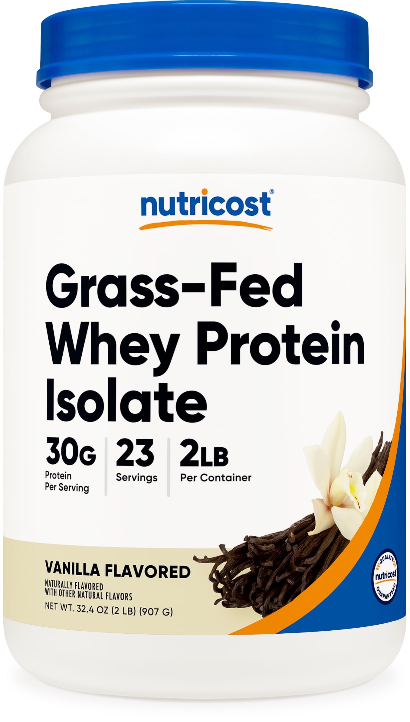 Nutricost envase frontal de 2 libras mostrando sabor vainilla y beneficios claros