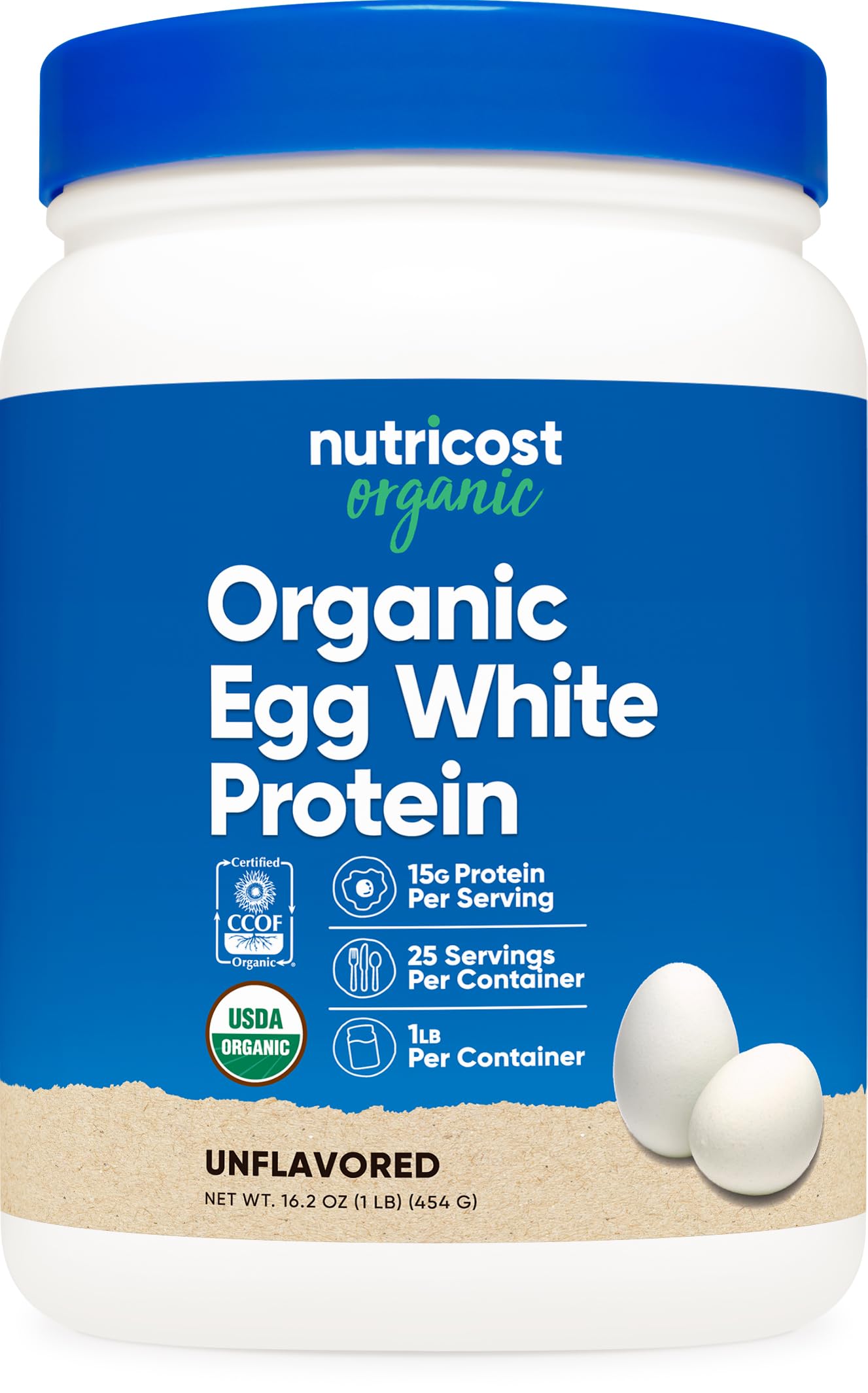 Nutricost envase frontal mostrando etiqueta clara y beneficios