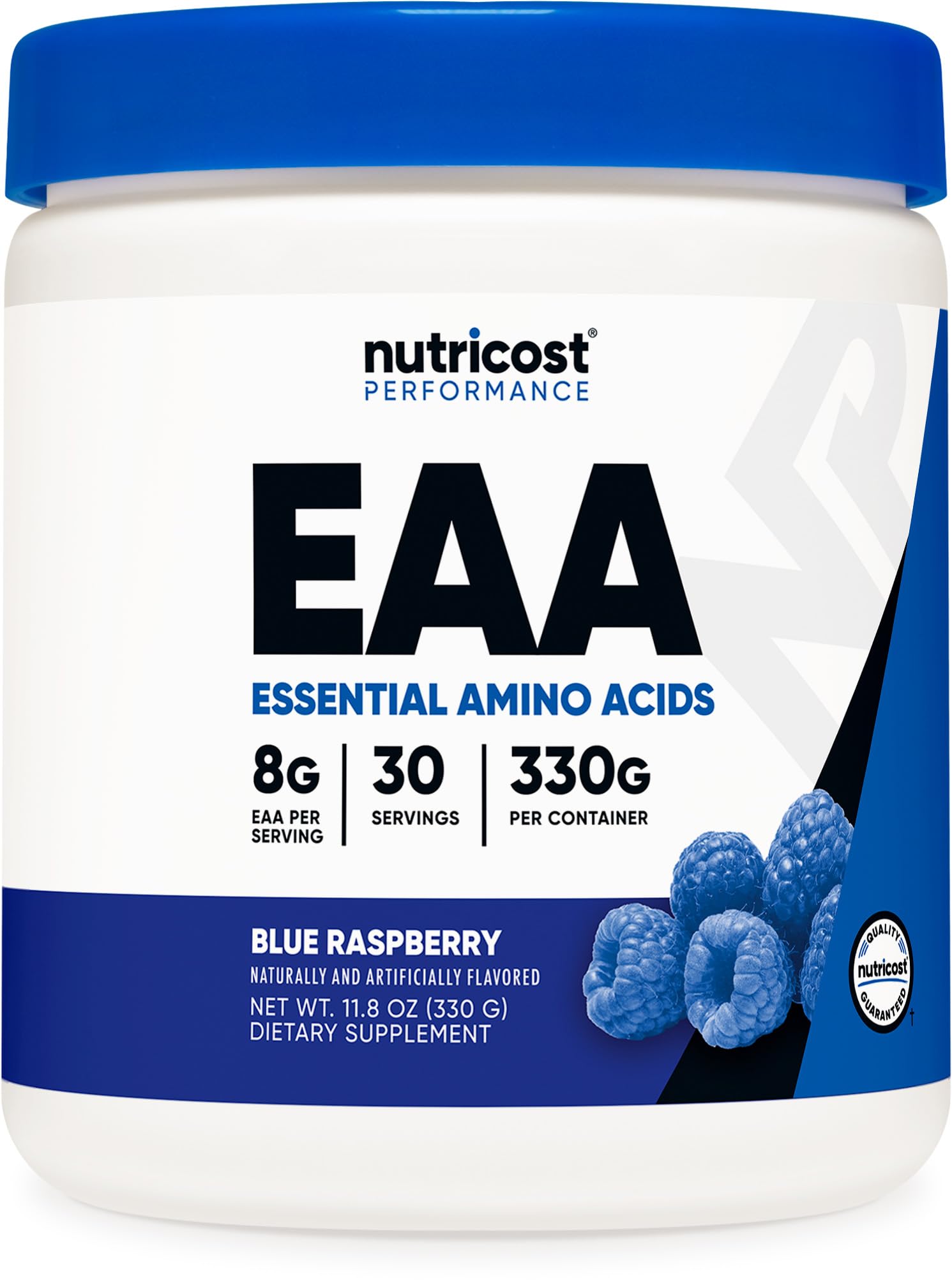 Nutricost envase frontal azul frambuesa mostrando porciones y marca