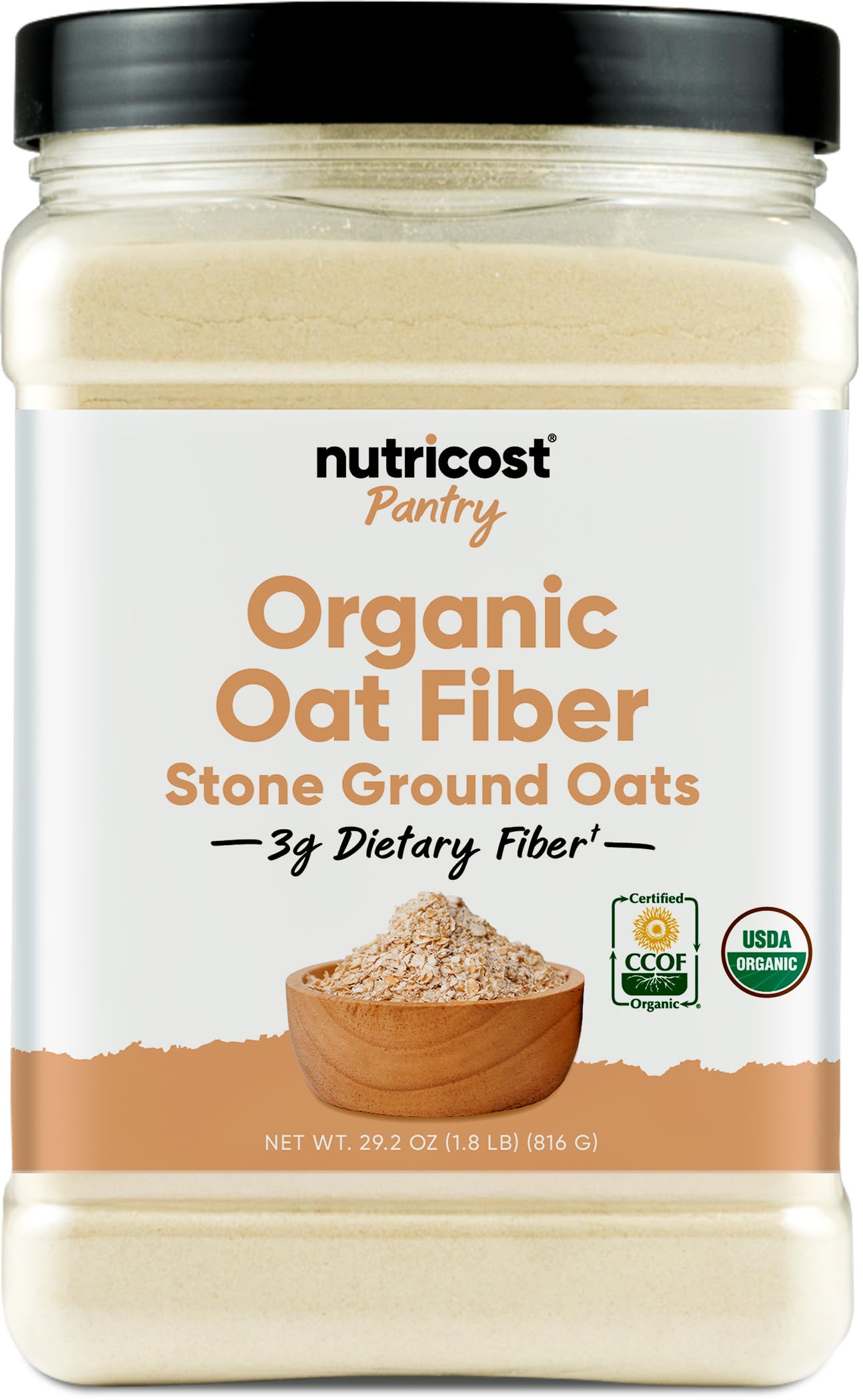 Nutricost envase frontal de fibra de avena orgánica que muestra el tamaño y marca, práctico para despensa