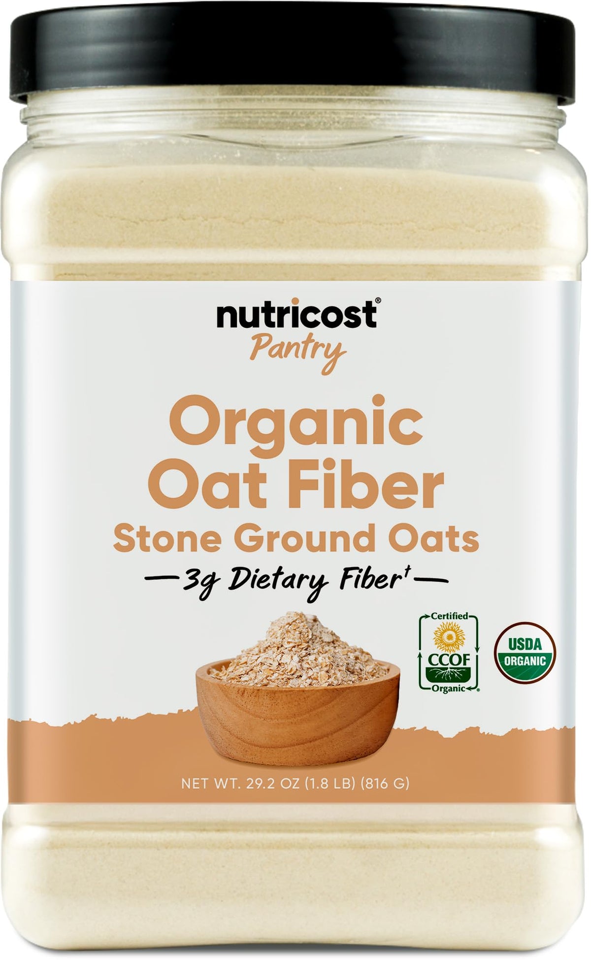 Nutricost envase frontal de fibra de avena orgánica que muestra el tamaño y marca, práctico para despensa