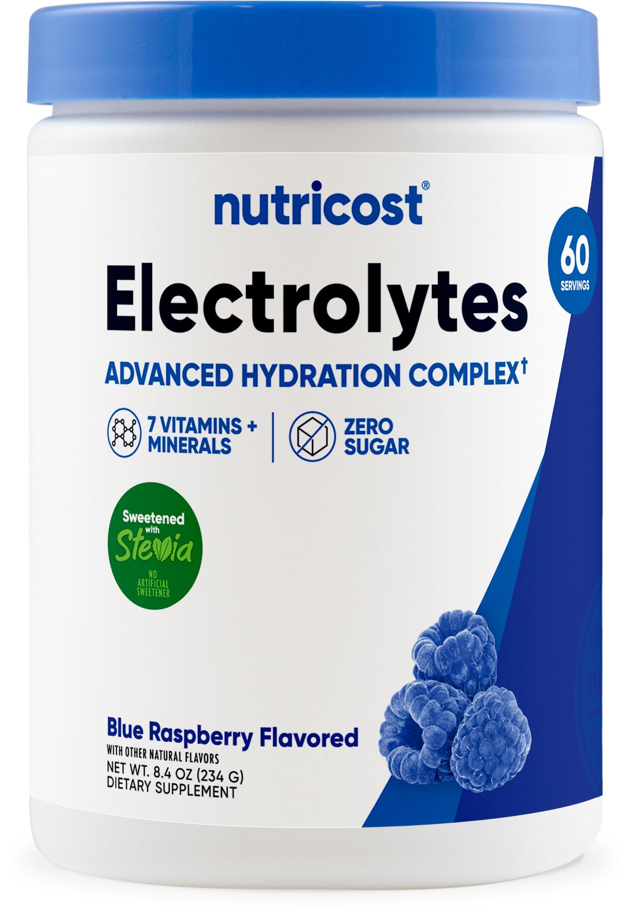 Nutricost envase frontal y etiqueta clara, muestra información y beneficio de hidratación