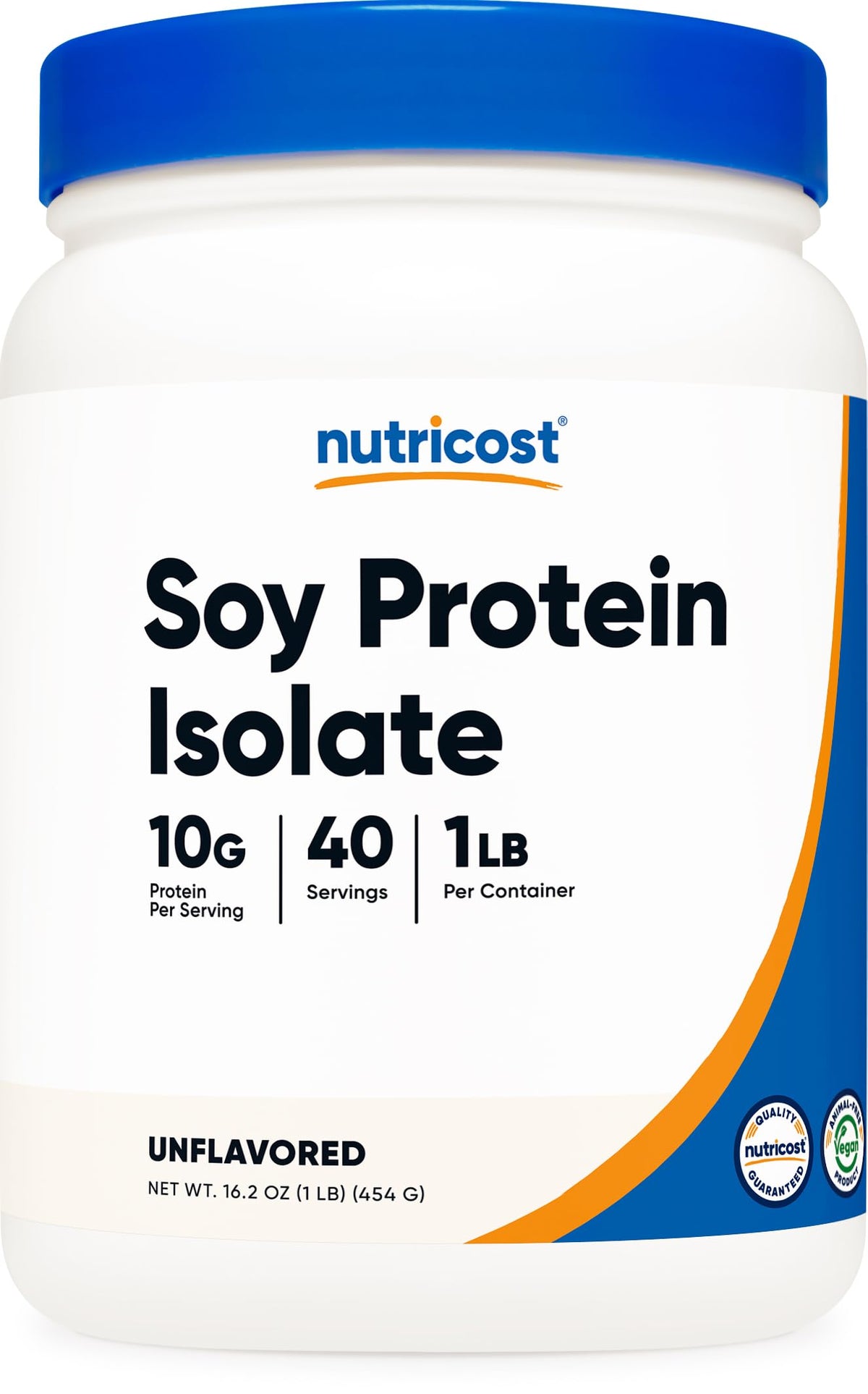 Nutricost envase frontal mostrando 1 lb y diseño, beneficio: presentación clara y práctica