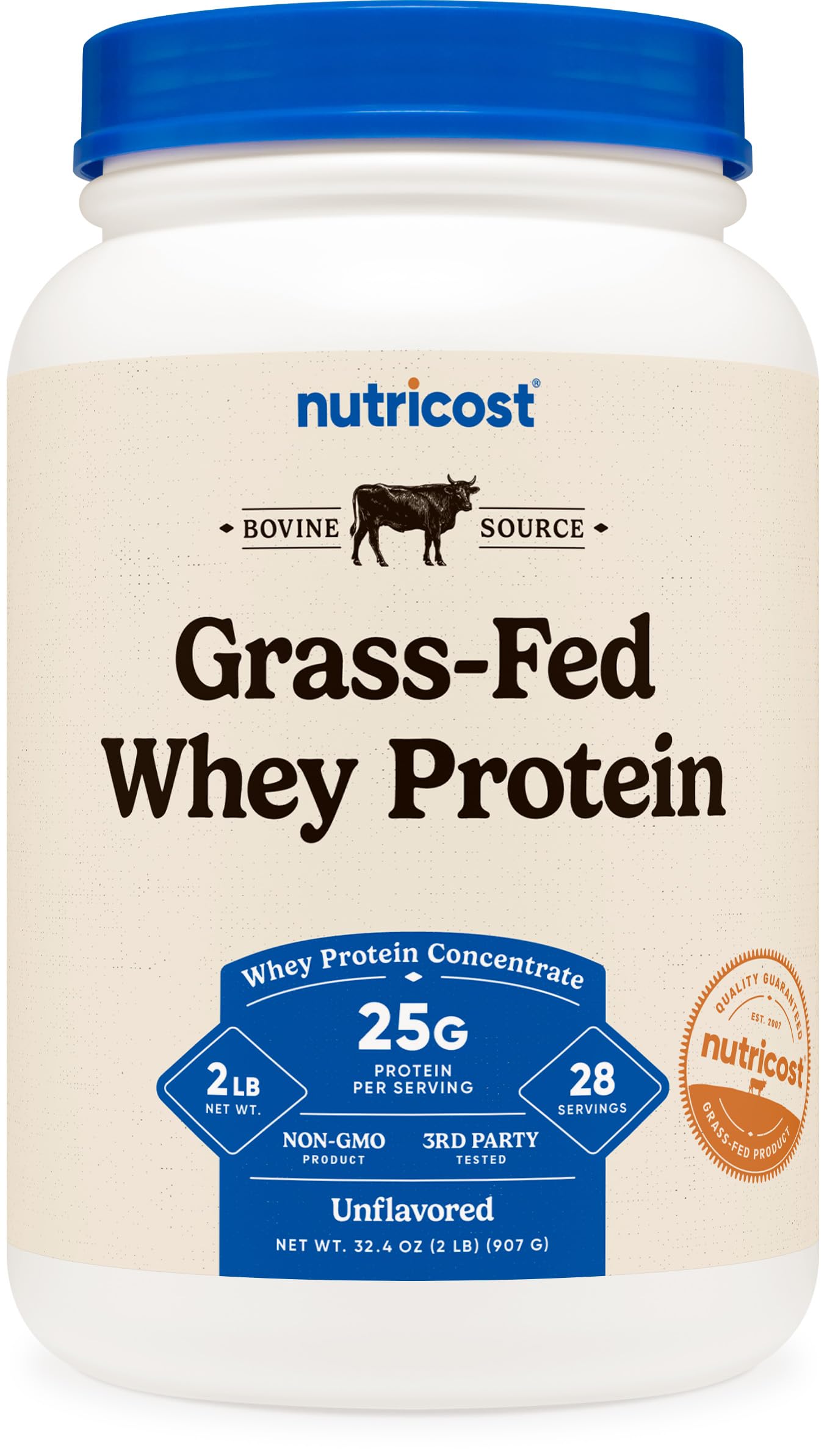 Nutricost envase frontal 2LBS mostrando origen grass-fed y beneficio de pureza