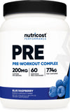 Nutricost frente del envase mostrando la marca y sabor blue raspberry beneficios energéticos