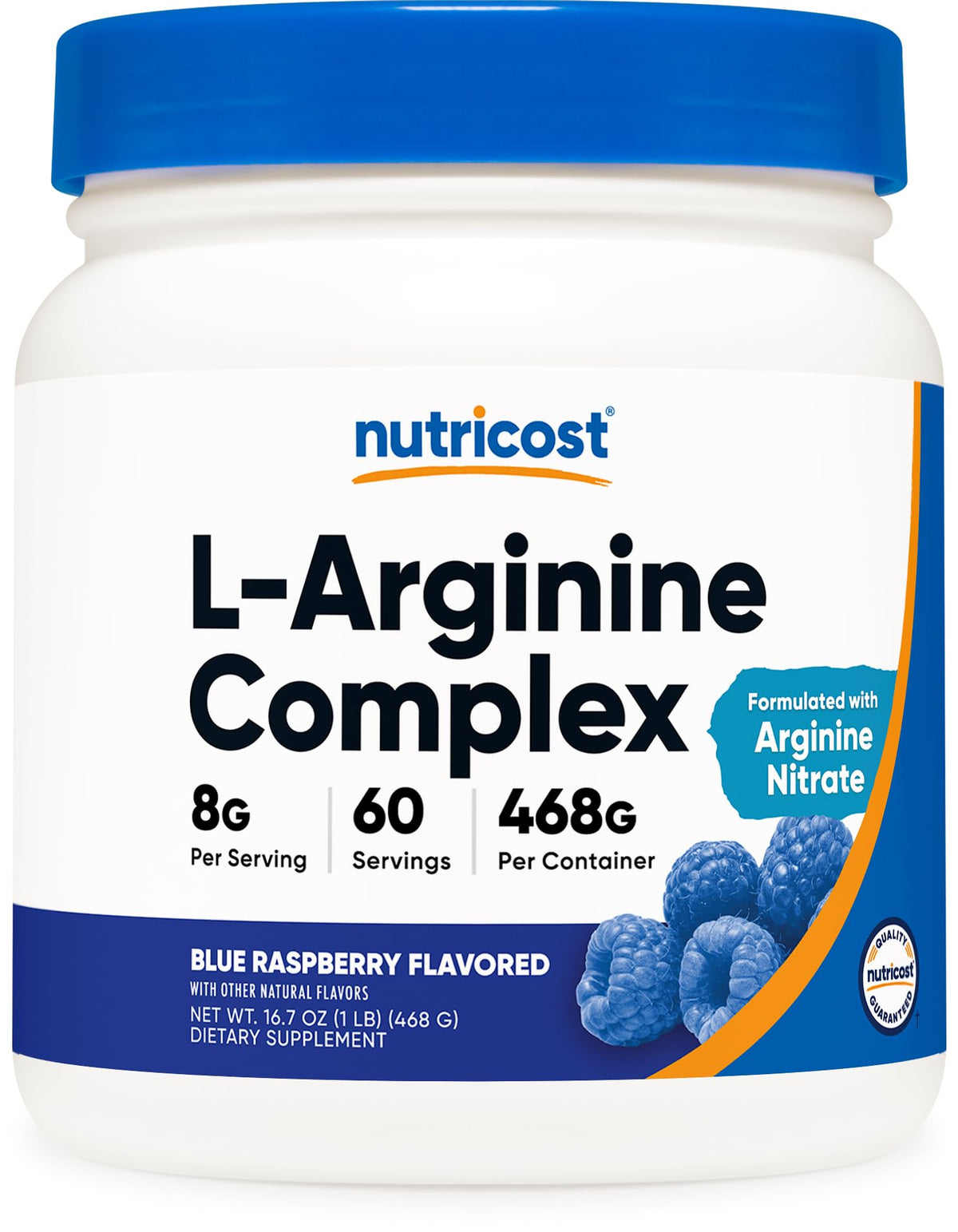 Nutricost envase frontal Blue Raspberry mostrando etiqueta y beneficios