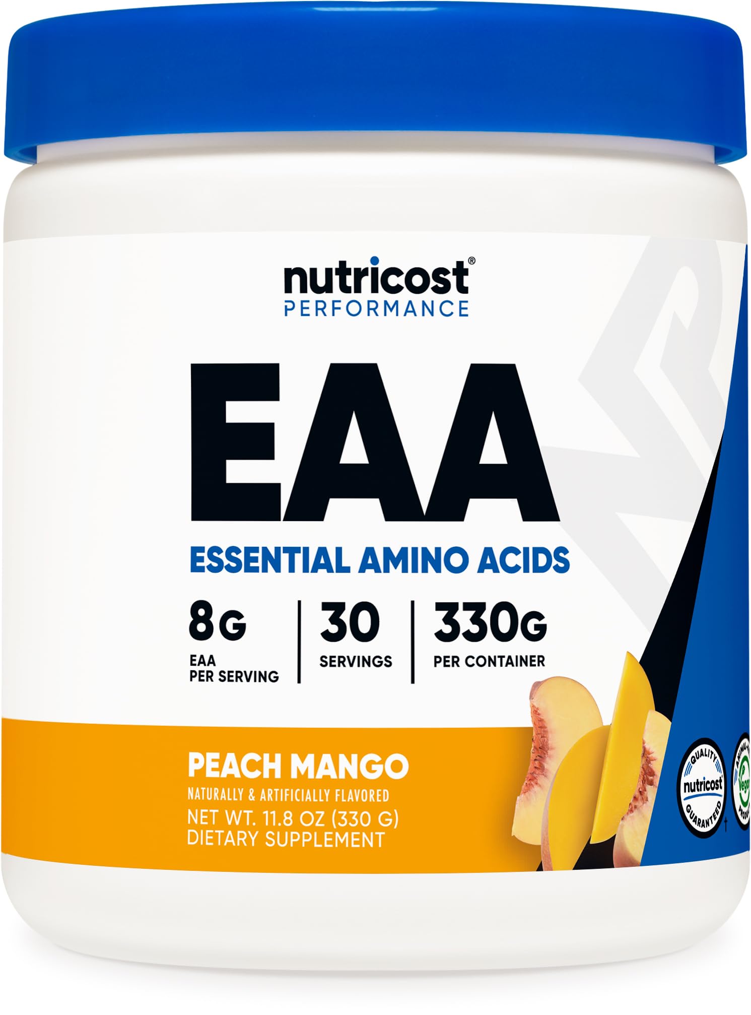Nutricost frente del tarro con sabor durazno-mango mostrando etiqueta y beneficios