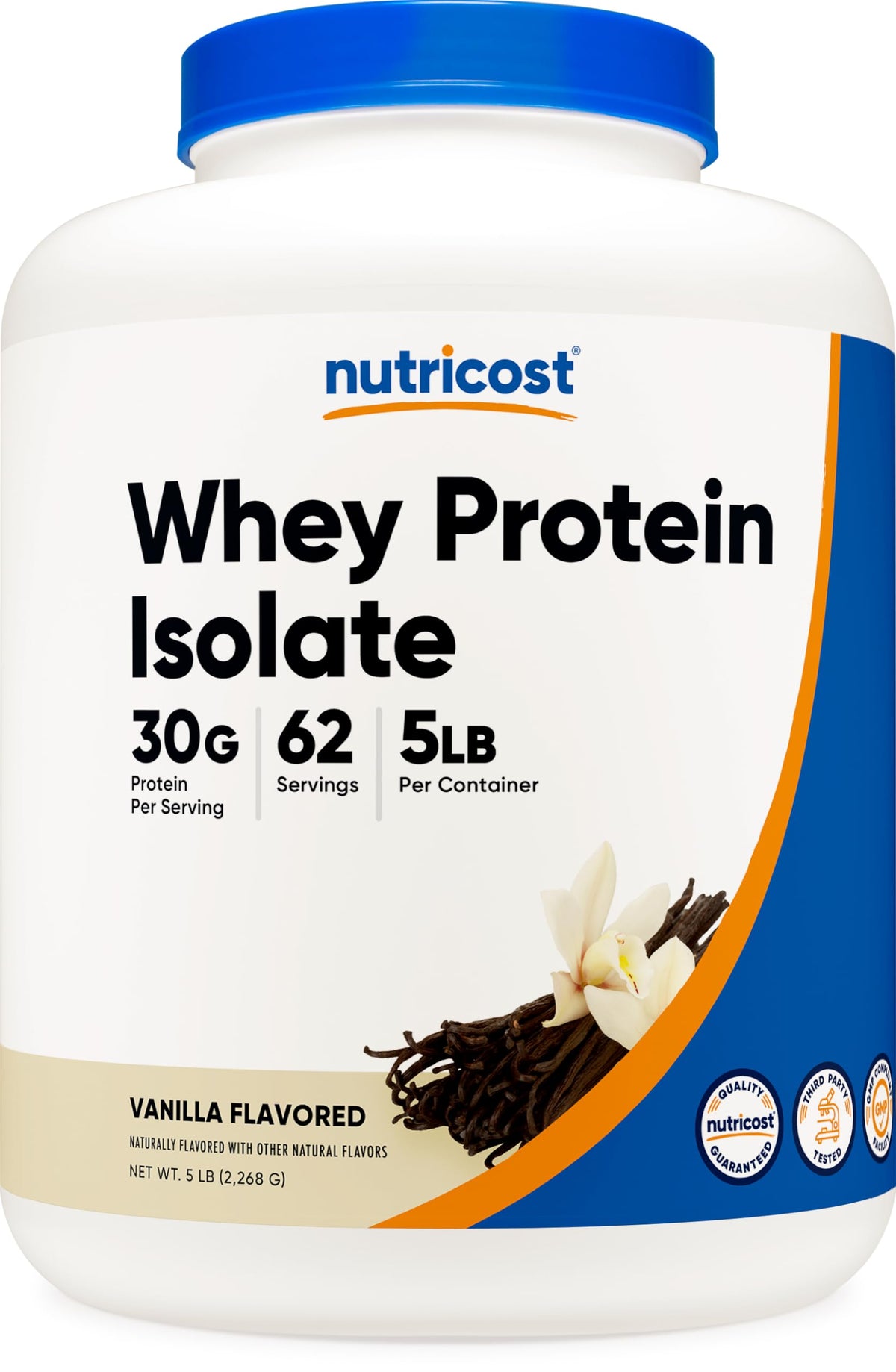 Nutricost envase frontal sabor vainilla mostrando etiqueta y tamaño