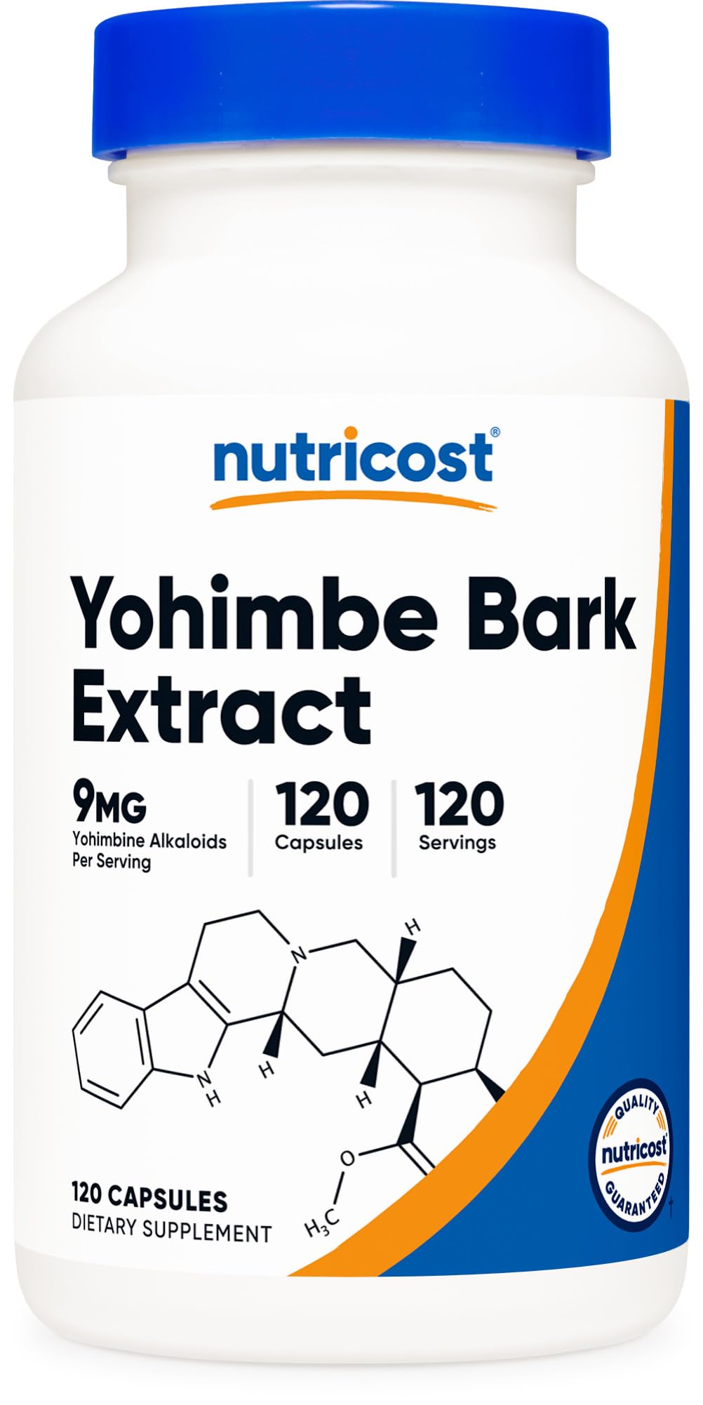 Nutricost frasco frontal de Yohimbe Bark Extract mostrando etiqueta y beneficio de dosificación clara
