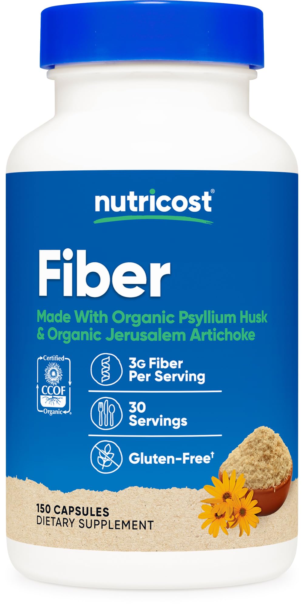 Nutricost frasco frontal mostrando 150 cápsulas y certificación CCOF